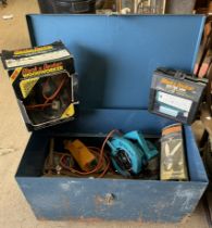 A tin tool chest on casters together with a collection of power and hand tools