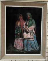 20th century Iranian Two figures Oil on velvet Indistinctly signed 79 x 59cm