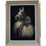 20th century Iranian A horses head and groom Oil on velvet Indistinctly signed 69 x 48cm