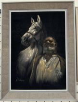 20th century Iranian A horses head and groom Oil on velvet Indistinctly signed 69 x 48cm