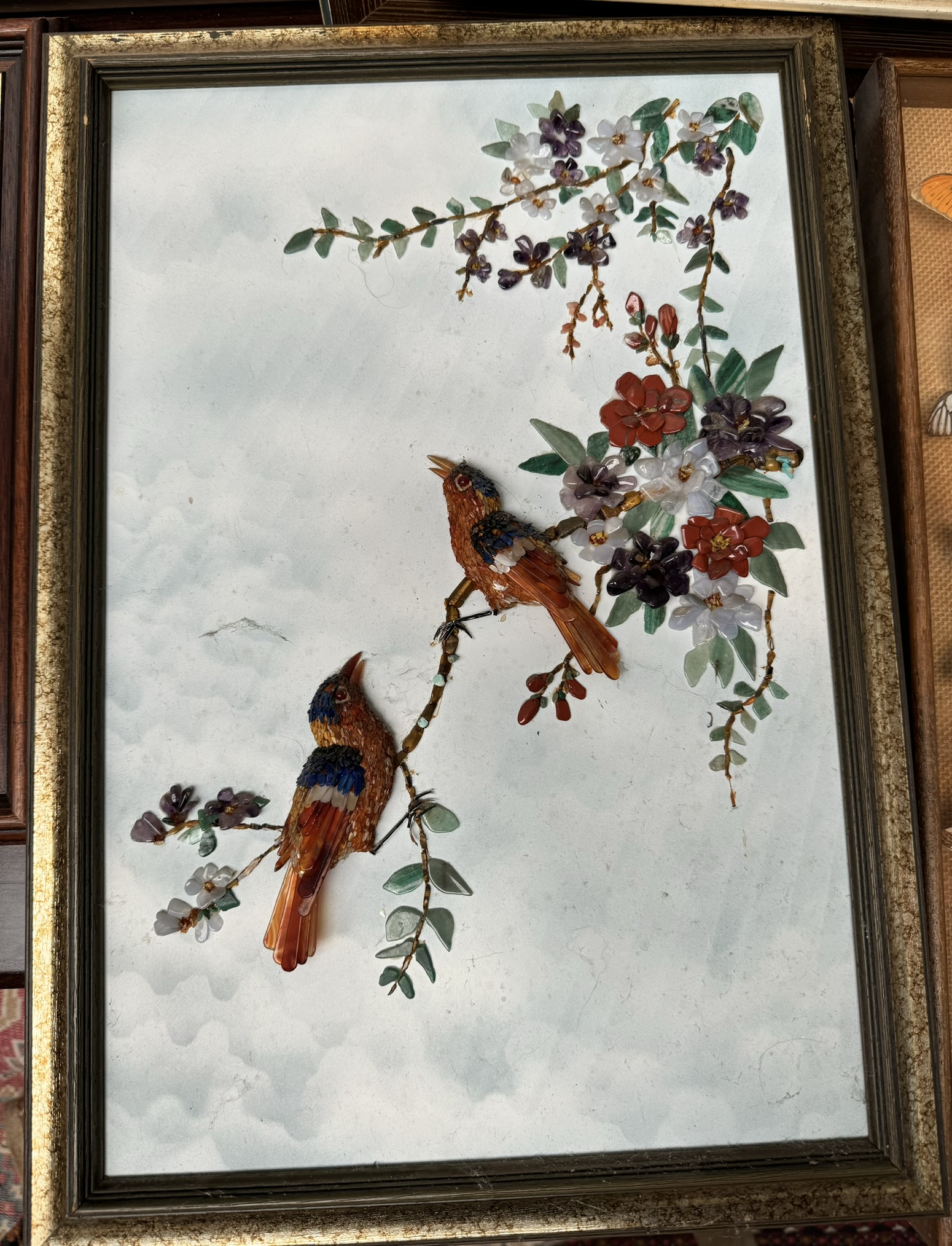 Taxidermy - a display of butterflies together with a hardstone picture of birds amongst trees and - Image 2 of 3