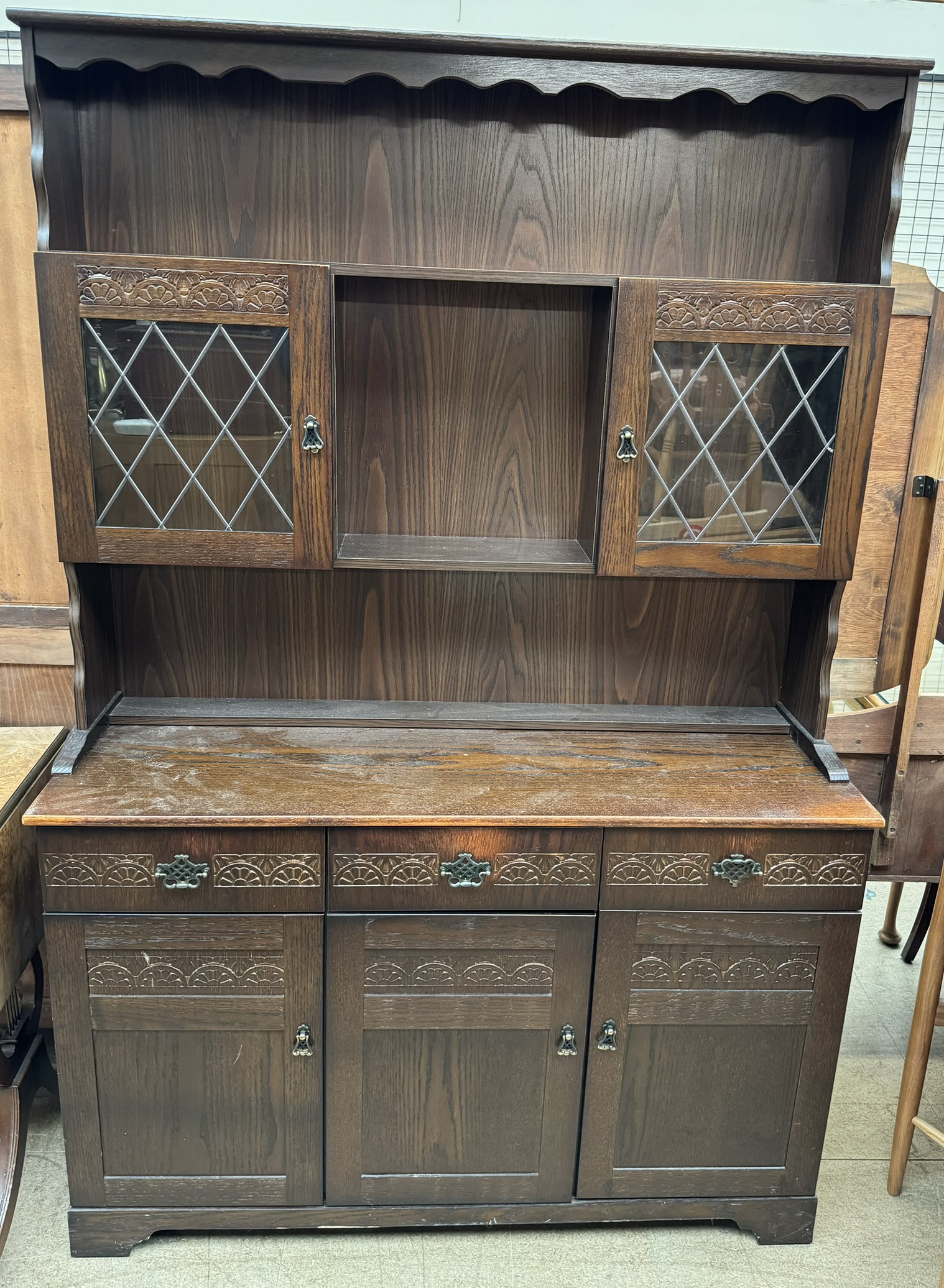 A 20th century oak dresser, the rack with a shelved and glazed top, - Image 2 of 2