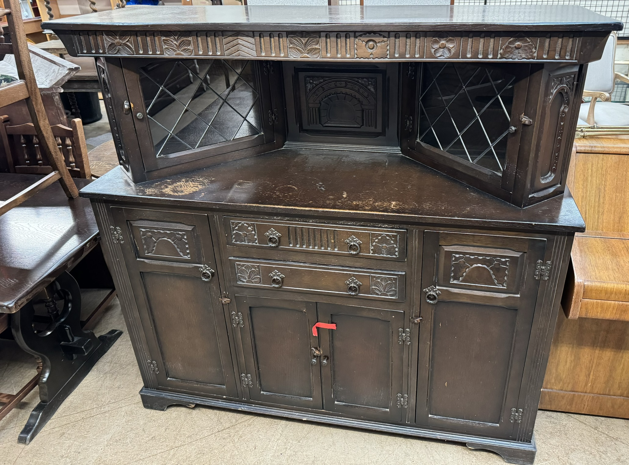 A 20th century dark oak dining suite comprising a refectory table, - Image 2 of 3