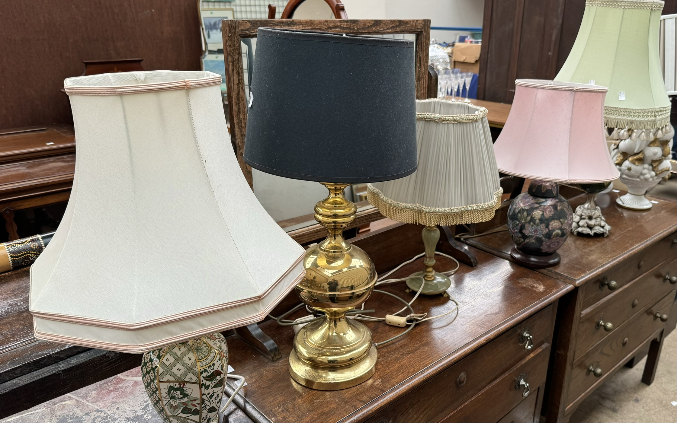 A Moorcroft pottery table lamp together with a Masons pottery table lamp and four other table lamps