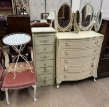 A cream painted five drawer chest together with a tall painted chest of drawers two triptych