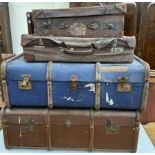 Two banded trunks together with two leather suitcases