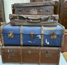 Two banded trunks together with two leather suitcases