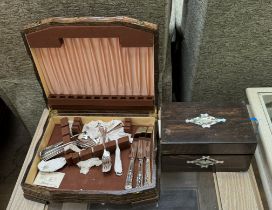 An electroplated part flatware service together with a mother of pearl inlaid sewing box