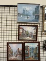 Burnett A Continental street scene Oil on board Signed Together with three other oil paintings by