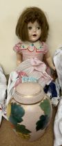 A celluloid jointed doll together with a Royal Venton ware ginger jar and cover