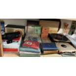 A collection of records together with assorted books, Great War magazines, chopping boards,