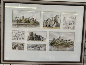 Elizabeth Haines A series of eight watercolours and sketches of castles and ruins Framed as