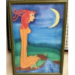 A framed batik of a lady at a river collecting water,