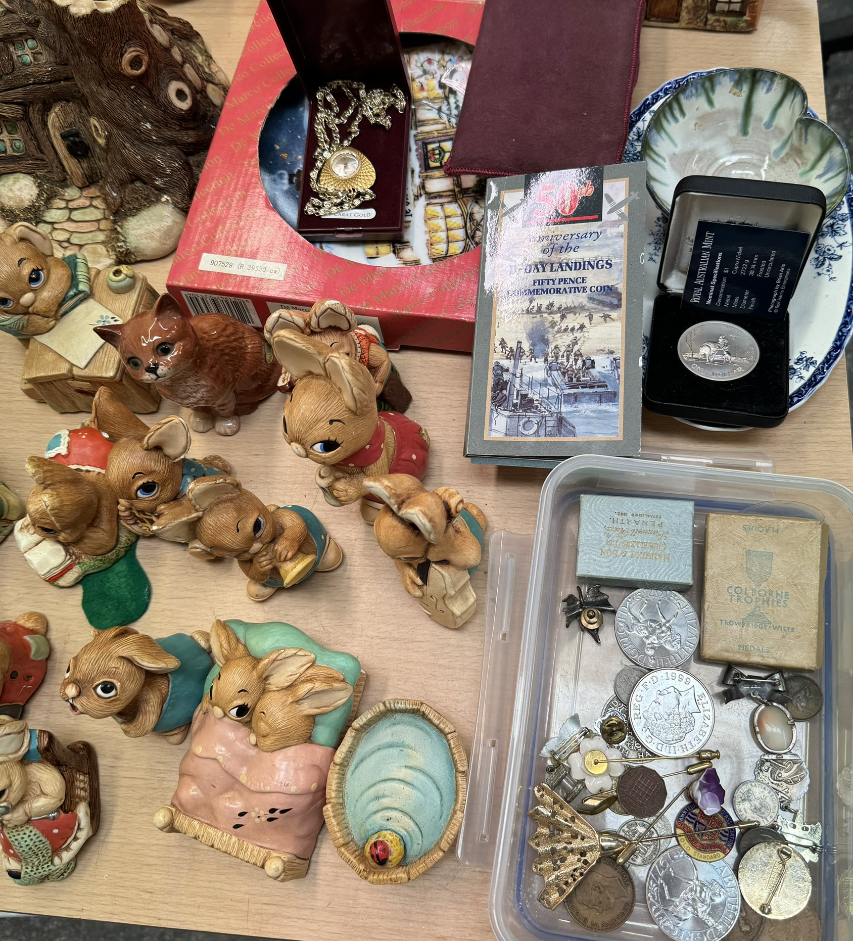 A collection of Pendelphin figures, together with a bakelite telephone, Ewenny jugs, plates, coins,