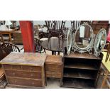 A chest of drawers together with an oak sewing table,