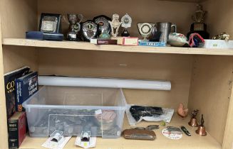 Box of awards and trophies, together with a quantity of coins including pennies, Half Pennies, etc,