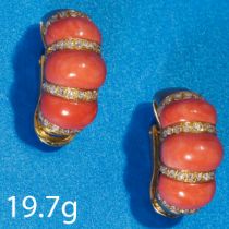 PAIR OF CORAL AND DIAMOND CLIP EARRINGS