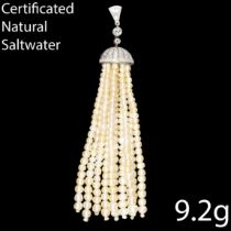 BELLE EPOQUE CERTIFICATED NATURAL SALTWATER PEARL AND DIAMOND TASSLE PENDANT