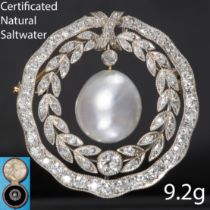 BELLE EPOQUE CERTIFICATED NATURAL SALTWATER PEARL AND DIAMOND BROOCH/PENDANT