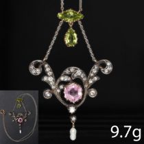 BELLE EPOQUE PERIDOT, TOURMALINE, DIAMOND AND PEARL PENDANT.