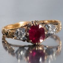 GEORGIAN RUBY AND DIAMOND THREE STONE RING