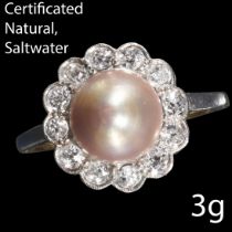 CERTIFICATED NATURAL SALTWATER PEARL AND DIAMOND CLUSTER RING