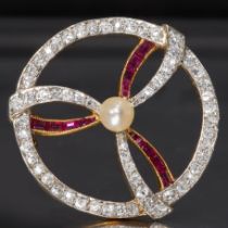 EDWARDIAN DIAMOND RUBY AND PEARL BROOCH