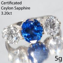 CERTIFICATED CEYLON SAPPHIRE AND DIAMOND 3-STONE RING