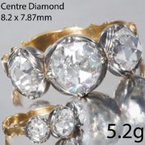 RARE AND LARGE ANTIQUE 3-STONE ROSE CUT DIAMOND RING