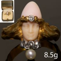 VERY FINE AND RARE ART-NOUVEAU CONCH PEARL AND CORAL RING