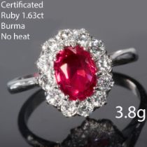 CERTIFICATED 1.63 CT. BURMA RUBY AND DIAMOND CLUSTER RING