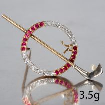 ANTIQUE RUBY DIAMOND AND PEARL GOLF BROOCH