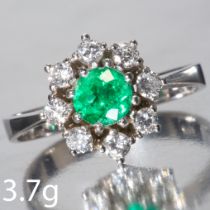 FINE EMERALD AND DIAMOND CLUSTER RING