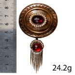 VICTORIAN GARNET AND PEARL TASSLE DROP BROOCH.