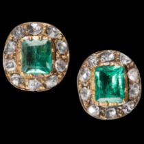 ANTIQUE PAIR OF EMERALD AND DIAMOND CLUSTER EARRINGS