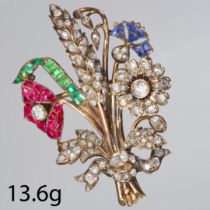 ANTIQUE DIAMOND RUBY SAPPHIRE AND EMERALD FLORAL SPRAY BROOCH