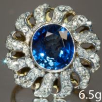 LARGE SAPPHIRE AND DIAMOND CLUSTER RING