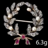 VICTORIAN DIAMOND, PEARL AND RUBY LAUREL BOW BROOCH