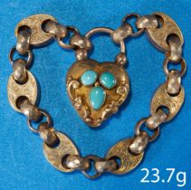 VICTORIAN GOLD BRACELET WITH A HEART SHAPED TURQUOISE PADLOCK