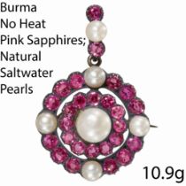 ANTIQUE CERTIFICATED NATURAL SALTWATER PEARL AND PINK SAPPHIRE PENDANT/BROOCH