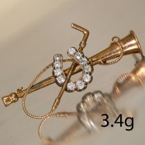 VICTORIAN DIAMOND HORSE SHOE TRUMPET AND RIDING CROP BROOCH