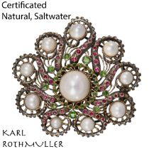 KARL ROTHMULLER (attributed), CERTIFICATED NATURAL SALTWATER PEARL RUBY AND DEMANTOID GARNET BROOCH