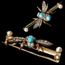 ANTIQUE DIAMOND, TURQUOISE, OPAL AND PEARL INSECT BROOCH