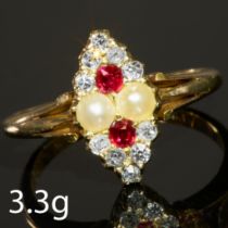 VICTORIAN MARQUISE SHAPED DIAMOND RUBY AND PEARL RING