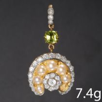 PERIDOT, PEARL AND DIAMOND HORSESHOE PENDANT