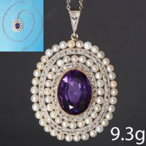 A BELLE EPOQUE AMETHYST, PEARL AND DIAMOND PENDANT