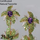 CERTIFICATED TSAVORITE GARNET, AMETHYST AND DIAMOND CLIP EARRINGS