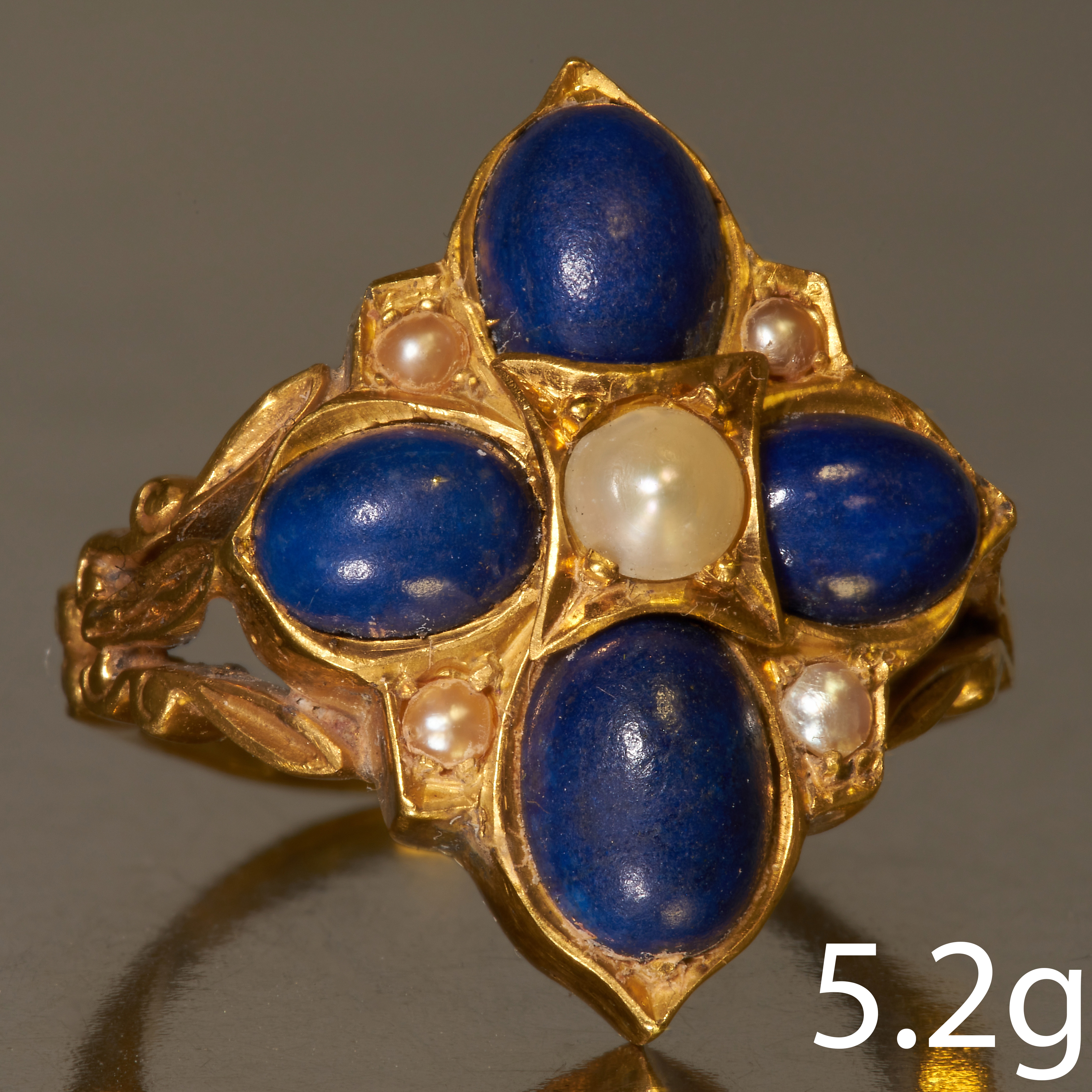 UNUSUAL ANTIQUE LAPIS LAZULI AND PEARL CLUSTER RING