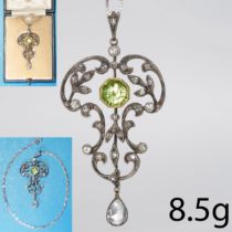 EDWARDIAN PERIDOT AND DIAMOND PENDANT AND CHAIN