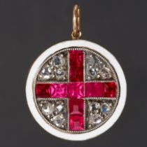 EARLY 20TH CENTURY ENAMEL, DIAMOND AND RUBY PENDANT